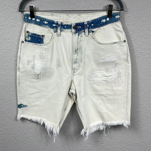 New Oak & Acorn Ninety Three Long Cut Off Frayed Hem Shorts Dipped Indigo 29 - Picture 3 of 14